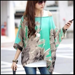 Oversized flowy chiffon kimono style loose blouse